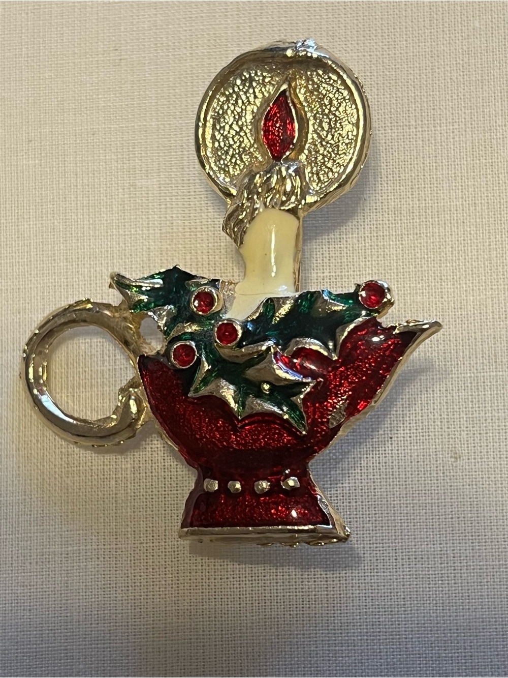 Vintage Christmas Candle Holly Enamel Brooch Red Green Gold Tone Holiday Pin